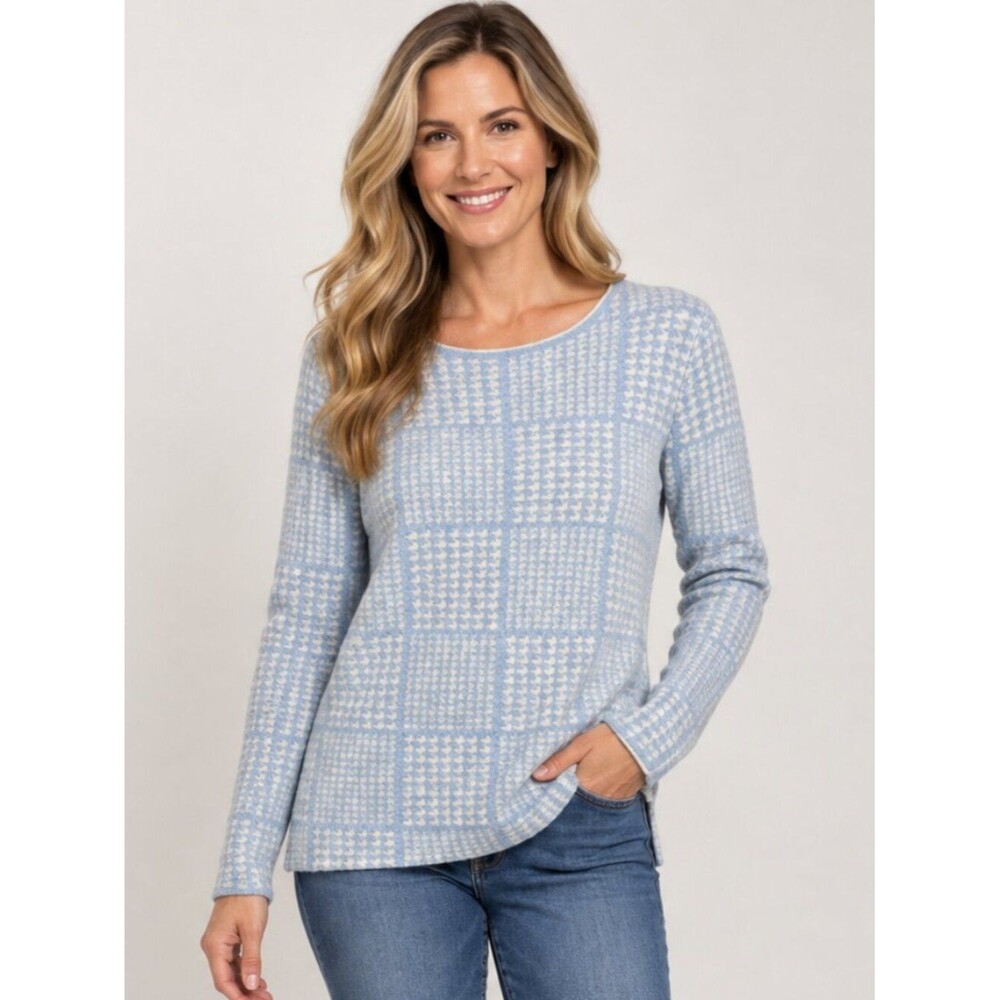 OST Blue White Cotton Cashmere Patterned Sweater Small Preppy Coastal Minimalist